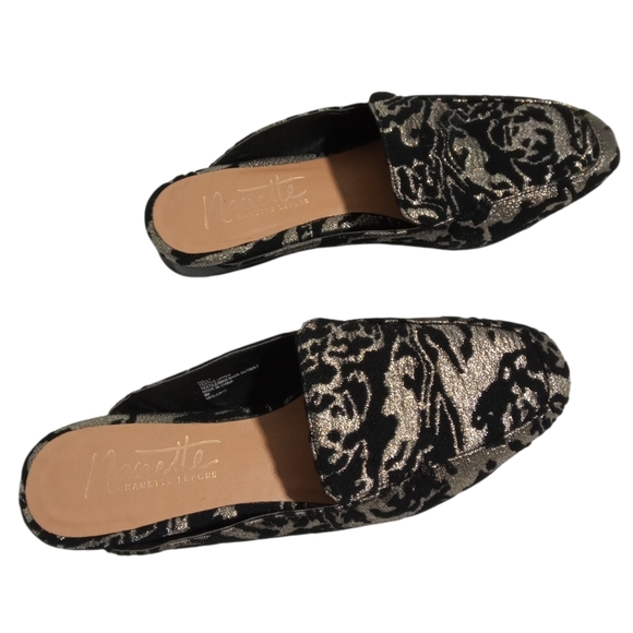 Nanette Lepore Shoes - Nanette Lepore Black Gold Velvet-Embellished Loafers Mules Sz 8